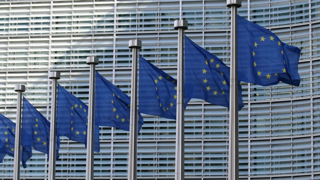 Reihe von Flaggen der Europäischen Union vor einem Gebäude – Symbol für den EU AI Act