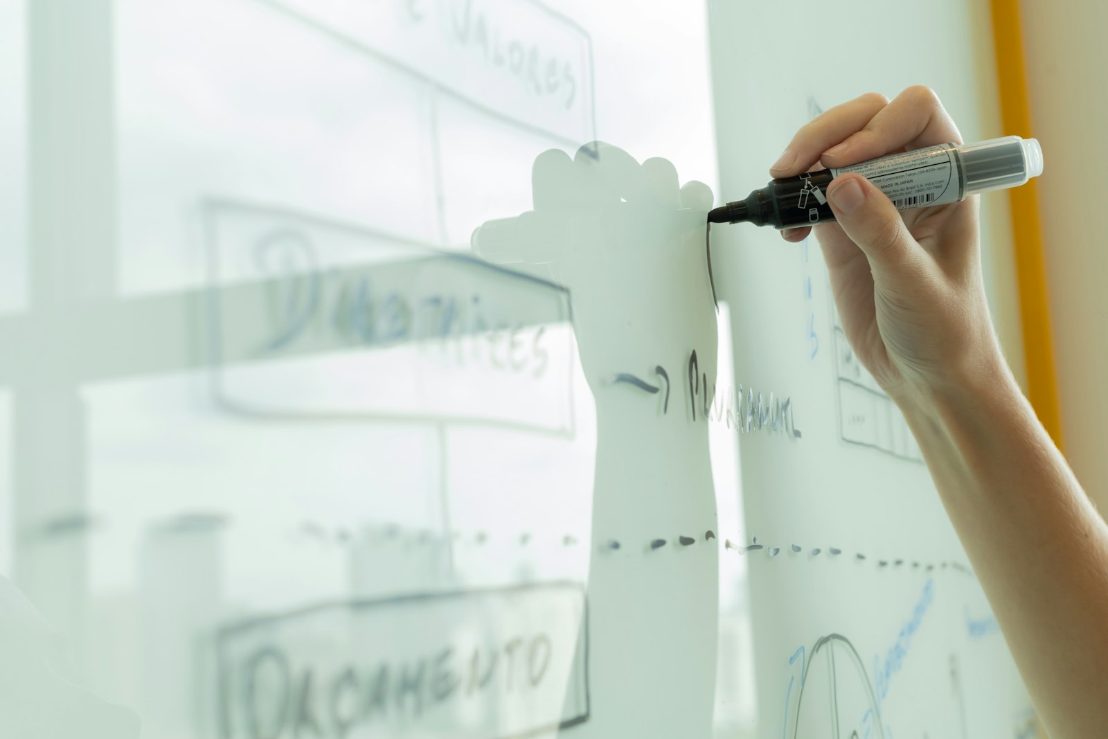 Low-Code-Plattformen: Hand zeichnet ein Ablaufdiagramm auf ein Whiteboard